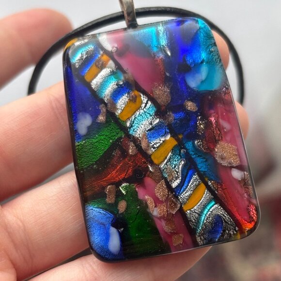 Vintage Dichroic Fused Glass Pendant Necklace Black Cord Adjustable Length - Picture 2 of 6